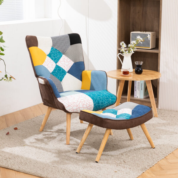 Modern Patchwork Accent Chair with Solid Wood Armrest and Feet, Mid-Century Modern Accent Sofa, Fabric Sofa Chair for Living Room Bedroom Studio, Comfy Side Armchair for Bed