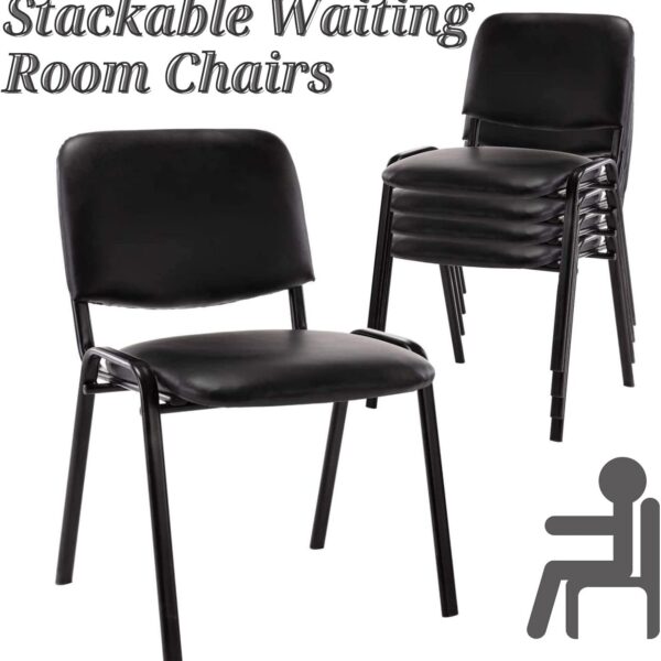 Waiting Room Chairs Stackable Conference Room Chairs No Wheels Office Guest Chair No Arms Reception Chairs for School Breakroom Banquet Church Lobby (Leather-Cushion,Black,5PCS)