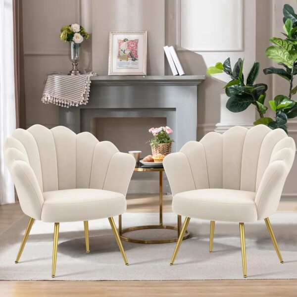 Mid Century Velvet Living Room Chair Accent Chairs, Upholstered Vanity Chair for Makeup Room, Modern Barrel Arm Chair Guest Leisure Chair Comfy for Bedroom-Ivory